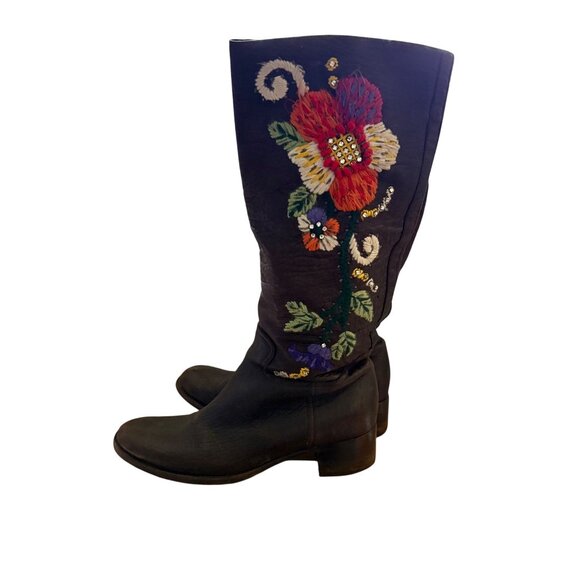 Miu Miu IT 38 US 9 Brown Leather Floral Embroidered Riding Boots - with flaws - Picture 2 of 16